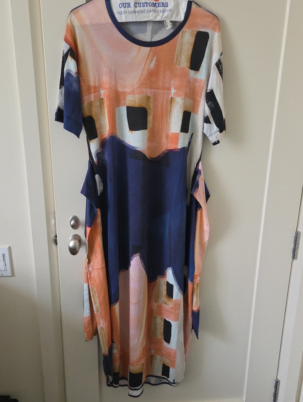 Abstract Print Short-Sleeve Midi Dress - Navy & Coral
